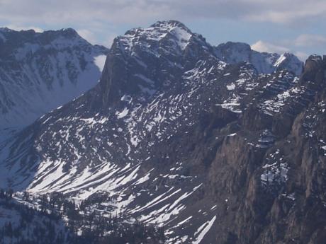 View W up Webber Creek Canyon to Acropolis Peak, from summit Propylaion el 9855' on 10/29/07. Photo by Rick Baugher