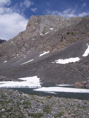 Acropolis Peak from Upper Webber Creek Lake, photo by Rick Baugher, 7/4/08