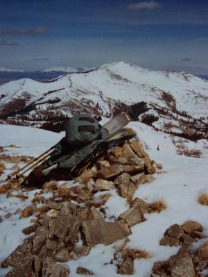 From the Paleozoic limestone summit of Hudspeth Peak this view is NE to Deep Creek Peak. Photo 3/30/03 by Rick Baugher