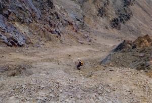 descending the steep, loose gully on the east face