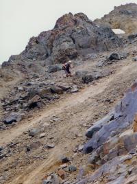 descending the steep, loose gully on the east face