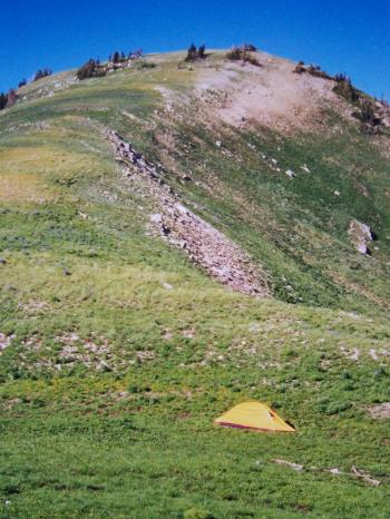 View N to Vacation Peak el 9900' on 7/9/02 from my camp in the col , photo by Rick Baugher.